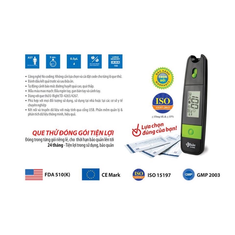 Máy thử đường huyết U-right-TD 4265,kèm 25 que