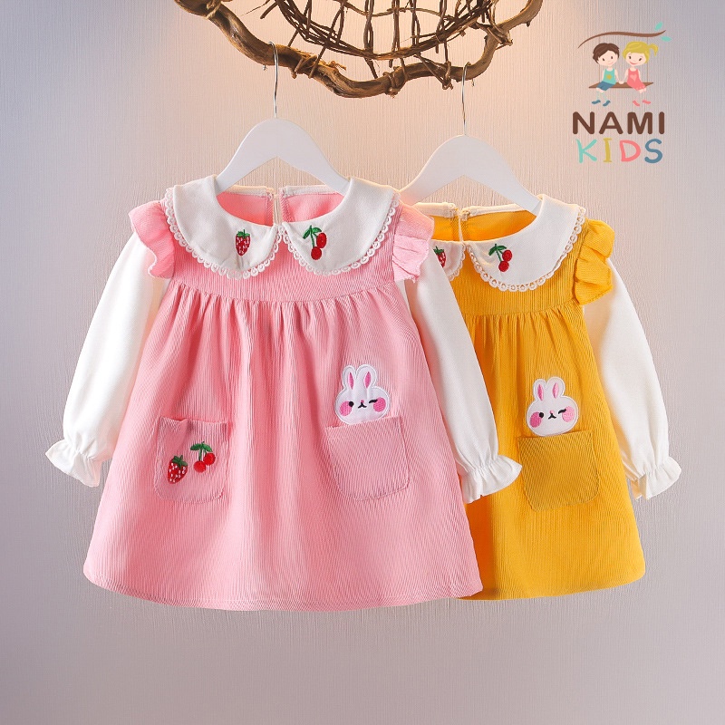 Váy đầm bé gái cổ bèo thêu trái dâu và thỏ đáng yêu