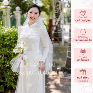 Áo dài cô dâu hoa 3D ở ngưc, dáng áo 2 tà tay bồng đẹp