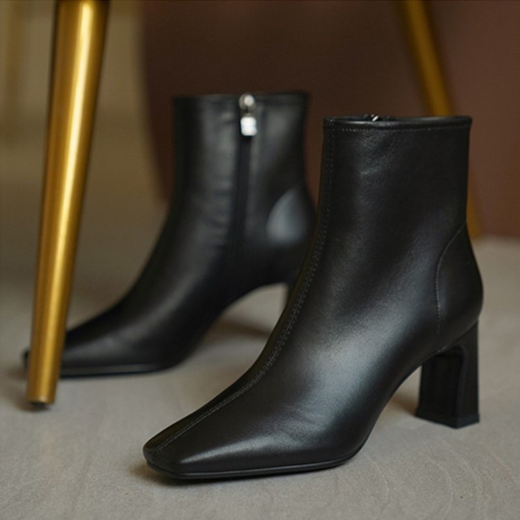 Giày Boot Cao Gót Mũi Vuông Phối Khóa Kéo Thời Trang Sành Điệu