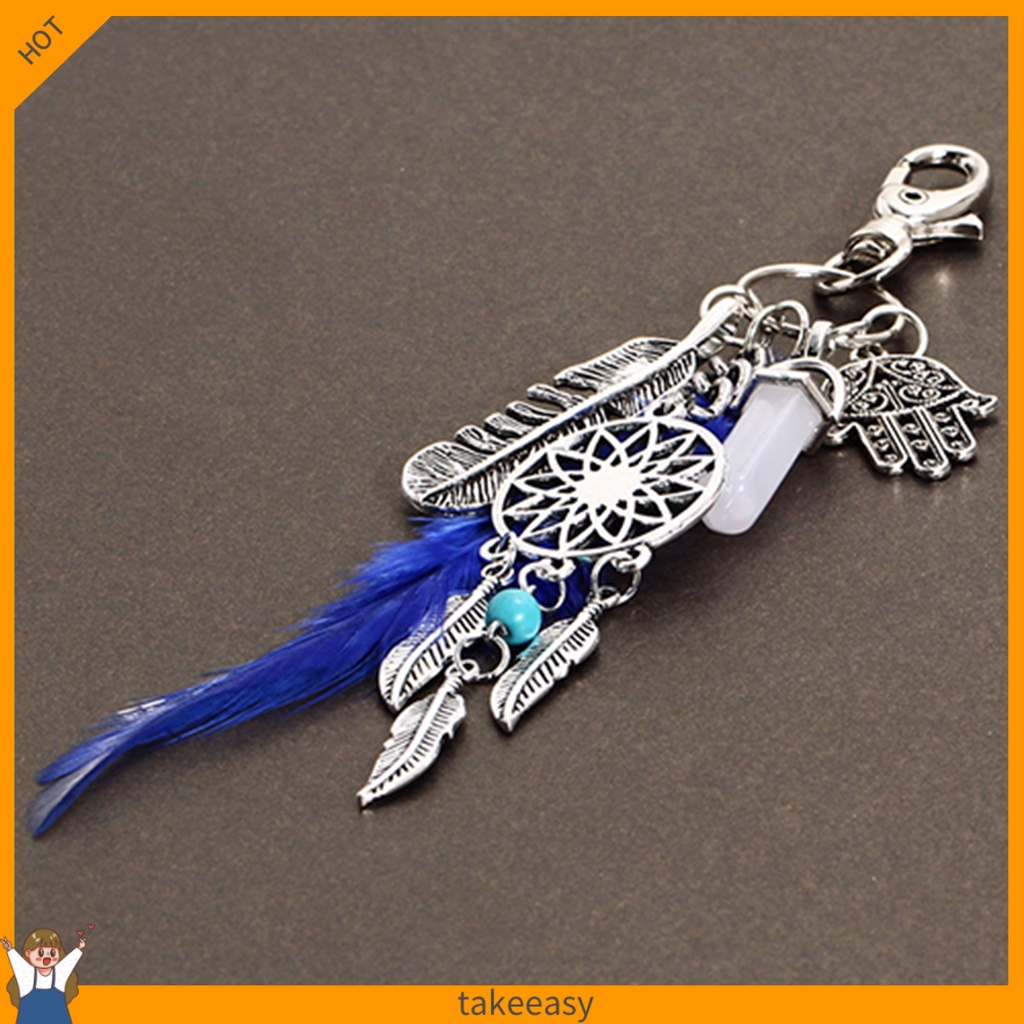 Móc Khóa Hình Dream Catcher Phối Lông Vũ Và Đá Opal Cổ Điển