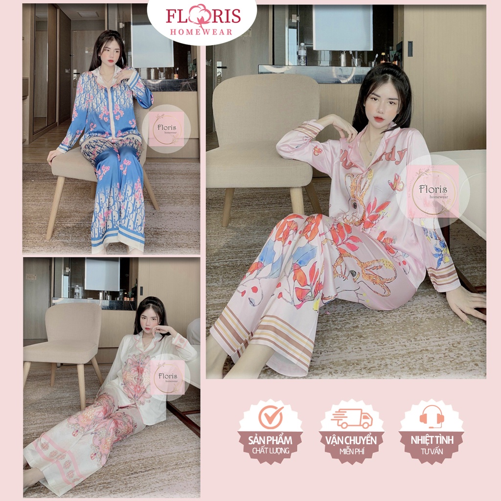 Đồ bộ pijama nữ lụa latin thiết kế cao cấp họa tiết gấu áo xanh - Bộ ngủ mặc nhà kiểu dáng sang trọng vải mềm mượt