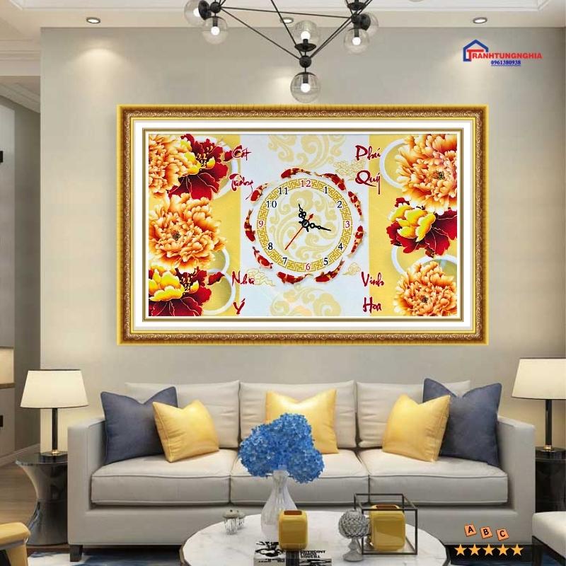 Tranh tranh thêu chữ thập đồng hồ cá phú quý cát tường 80cm x 50cm