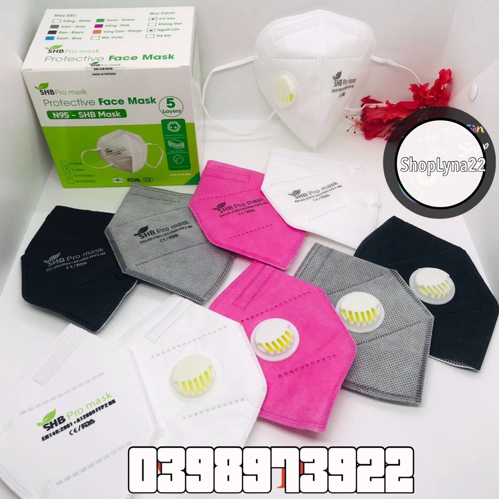 [Hộp 20 cái] Khẩu trang N95 SHB Pro Mask Chính Hãng Cao Cấp Dày 5 lớp Kháng Khuẩn Chuẩn FFP2