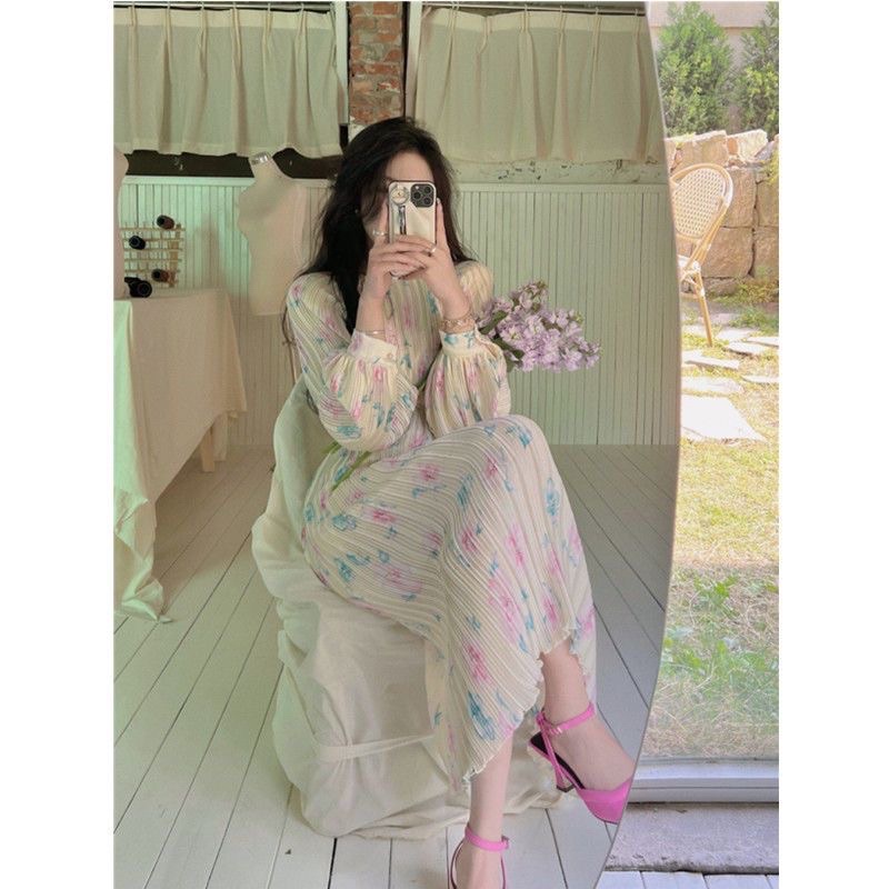 Váy maxi hoa xếp ly nhỏ pure desire pháp eo nhỏ cao cấp khí chất nhẹ nhàng như gió mùa xuân thu 2022