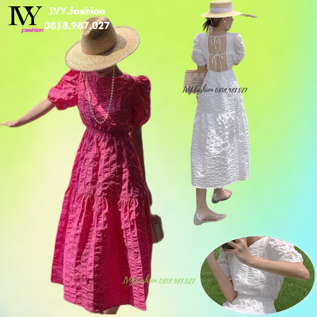 Đầm váy maxi hở lưng 🔥gấm xốp🔥 cổ tròn tay phồng midi xoè trắng hồng đi biển dự tiệc dạo phố bigsize rẻ đẹp