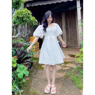 Đầm Xoè Babydoll Chất Gấm Xốp Tay Phồng Dễ Thương