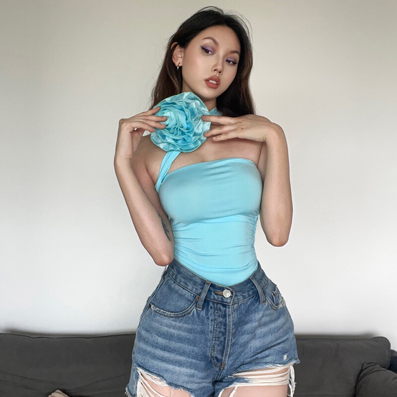 Áo kiểu ống KLIOU không tay trang trí bông hoa thời trang mùa hè 2022 mới dành cho nữ