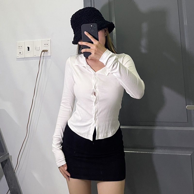 Áo gài nút cổ SƠ MI tay dài trắng, thun lạnh mát mỏng