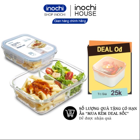 Thố thủy tinh Hộp đựng thực phẩm 2 ngăn nikko inochi hộp cơm thủy tinh chia ngăn cao cấp bảo quản đồ ăn thực phẩm