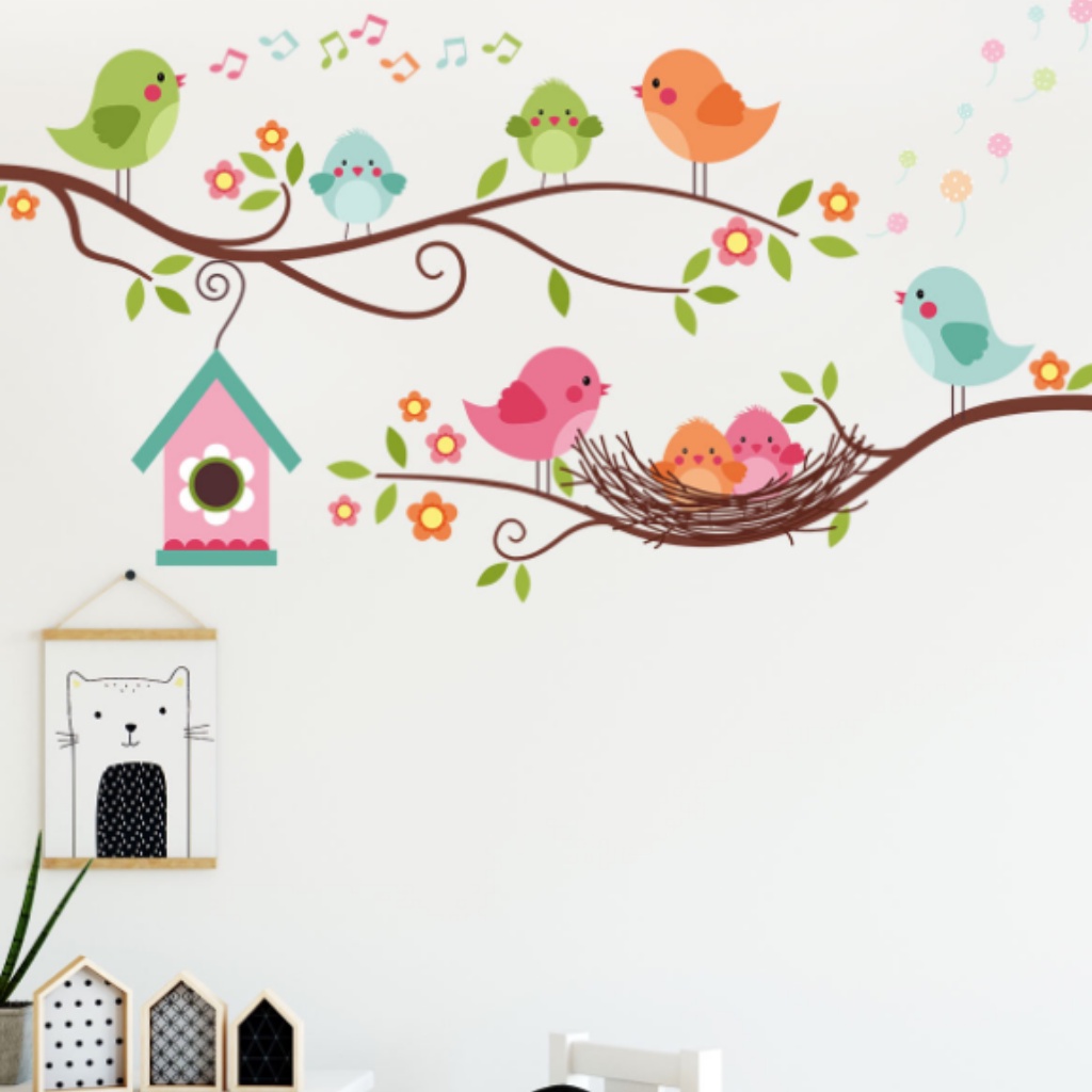 PNB05_Tranh decal dán tường ngôi nhà và gia đình chim nhỏ thích hợp cho phòng ngủ bé/ phòng ngủ/mầm non