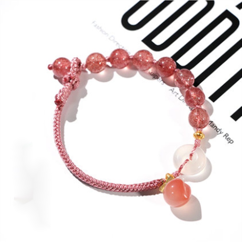 [Hàng Mới Về] Vòng Tay Bện Dây Đính Hạt Pha Lê Hồng Họa Tiết Trái Dâu / Đào Xinh Xắn Dành Cho Nữ