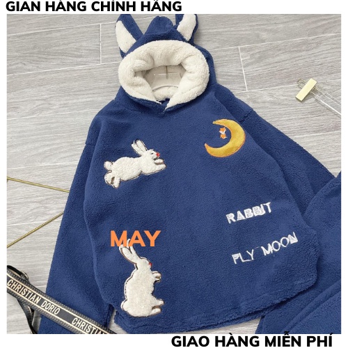 Bộ đồ ngủ bông, pijama, quần áo mặc ở nhà dài tay mùa đông có mũ chất lông mềm mịn hình cute dày dặn siêu ấm