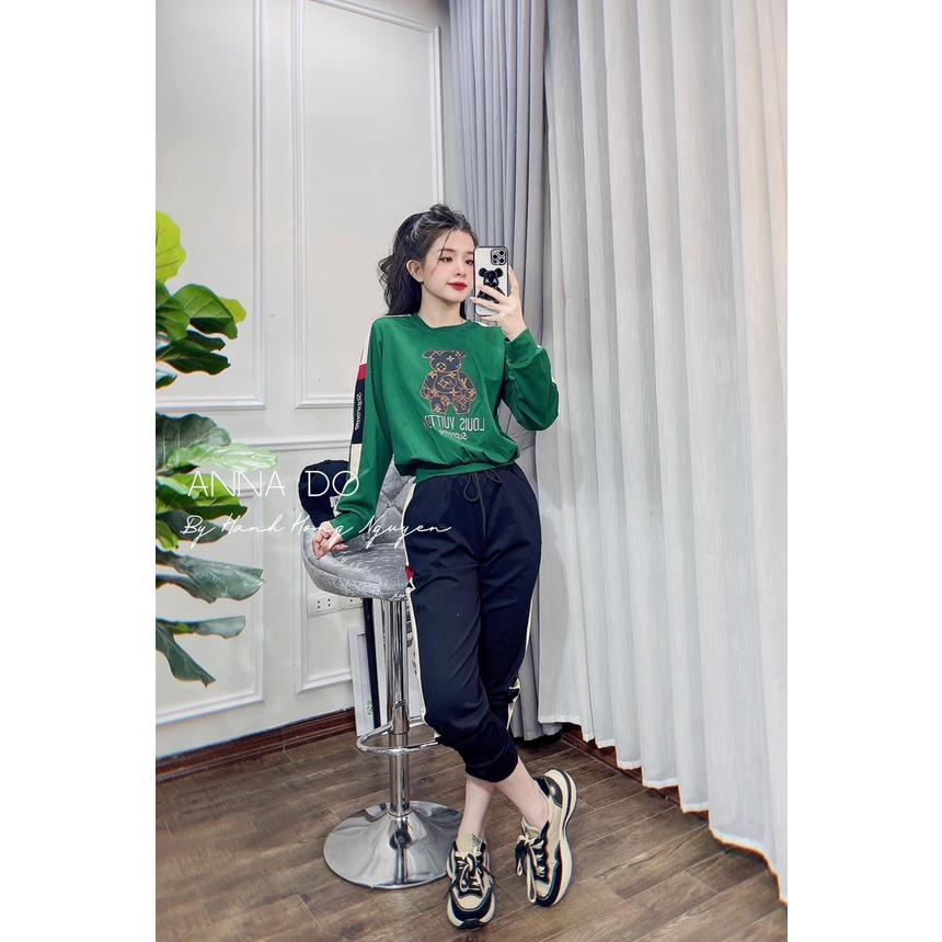 [11.11 Sale Freeship] Set bộ thể thao nữ,set áo tay dài cổ tròn in hình gấu quần dài ống túm phối viền nhiều màu sắc