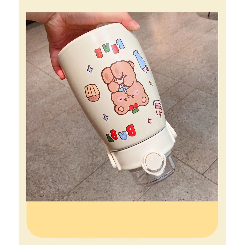 Bình uống nước inox giữ nhiệt dạng bầu 900ml có quai sách tiện lợi chống tràn kèm stiker ngộ nghĩnh