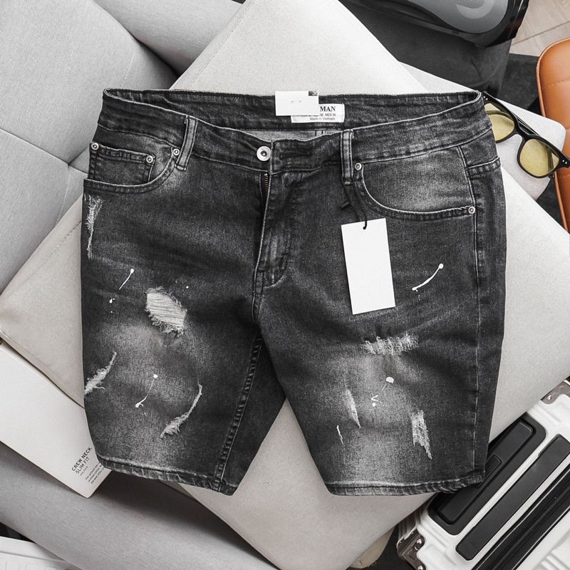 Quần Short Jean Nam cao cấp màu xám wash vải co giãn xịn đẹp