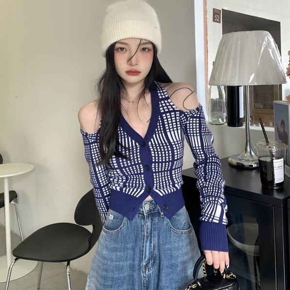 Áo cardigan ZHELIHANGFEI vải dệt kim cổ chữ V trễ vai quyến rũ thời trang