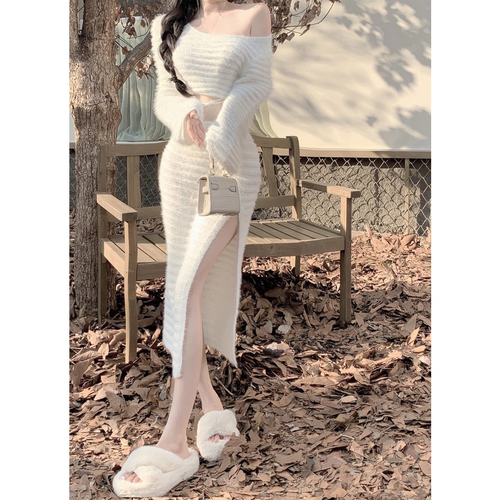 Bộ Áo Khoác Lông Chồn + Chân Váy Xẻ Tà Xinh Xắn Dành Cho Nữ