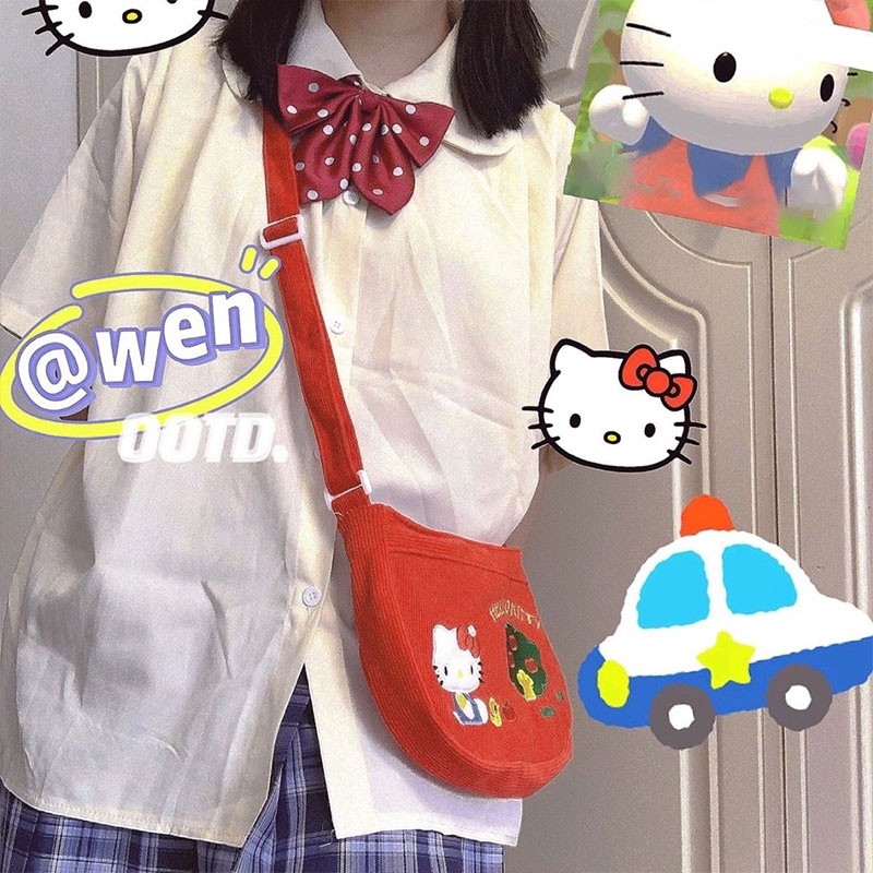 Túi Đeo Chéo Vai Vải Nhung Kẻ Thủ Công Màu Khối Hình Hello Kitty vintage niche