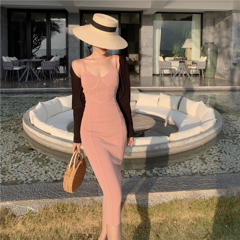 IELGY Đầm Midi Dệt Kim Màu Trơn Phong Cách Pháp Thời Trang Cho Nữ