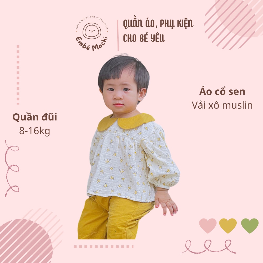 Bộ dài tay cho bé gái 8-18kg vải xô muslin hoa nhí vintage phối đũi