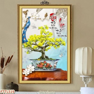 Tranh Laminate Tráng Gương Mừng - Treo Tường Chậu Bonsai Hoa Mai Vàng Thư Pháp
