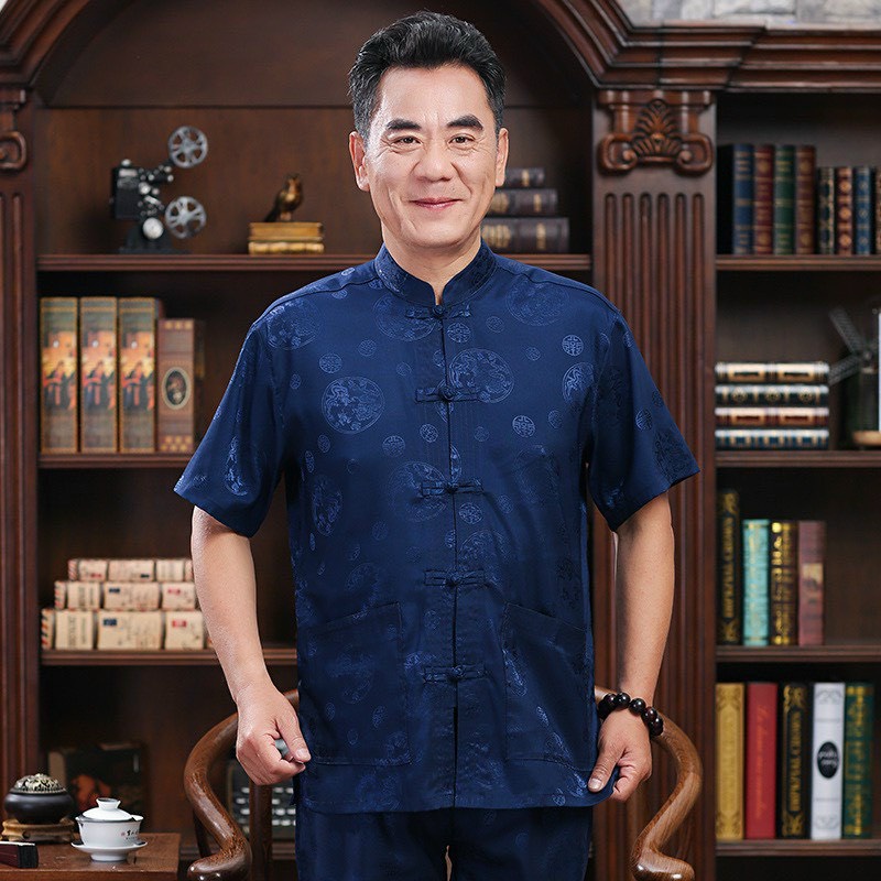 Đồ Bộ Nam Tay Ngắn Họa Tiết Chữ Thọ, Chất Lụa Gấm Cao Cấp, 3 Màu