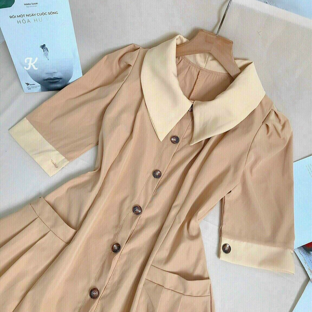 [11.11 Sale Freeship] Đầm thời trang nữ,đầm nữ công sở tay ngắn cài khuy cổ bẻ may túi hai bên dáng xoè thanh lịch mtb