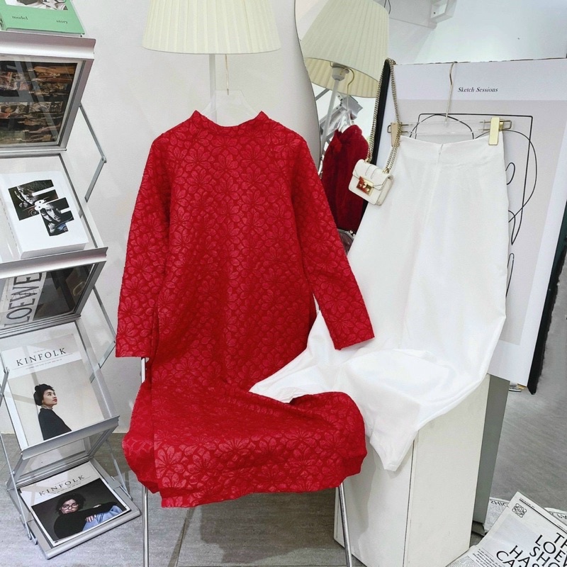 SET ÁO DÀI GẤM ĐỎ