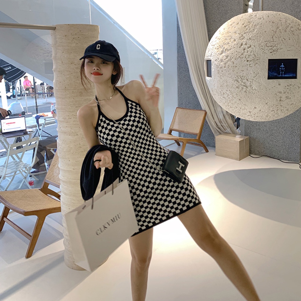 Váy len, đầm body hoạ tiết caro 2 dây dáng ôm phong cách Hàn Quốc NiNi Clothes