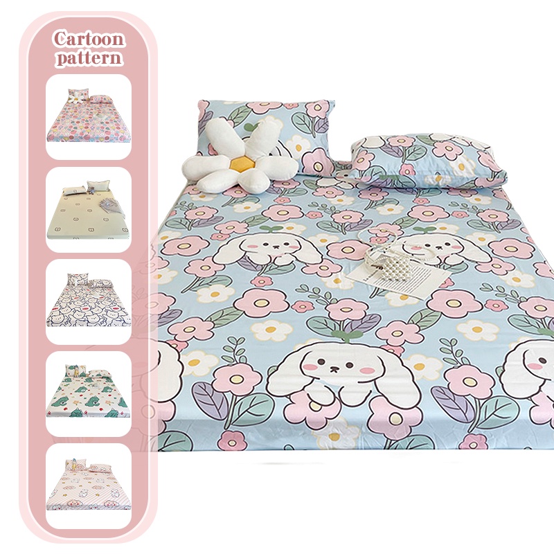 Set 3 phụ kiện giường ngủ vải cotton gồm ga trải giường + vỏ gối in hình hoạt hình thân thiện với da 1m2/1m5/1m8