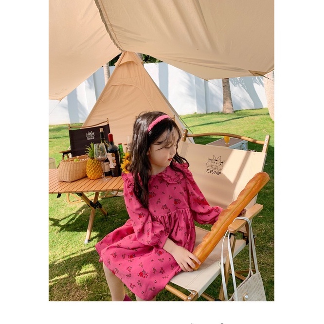 Váy dài tay mùa thu họa tiết hồng cực xinh cho bé gái size nhỡ size đại T03