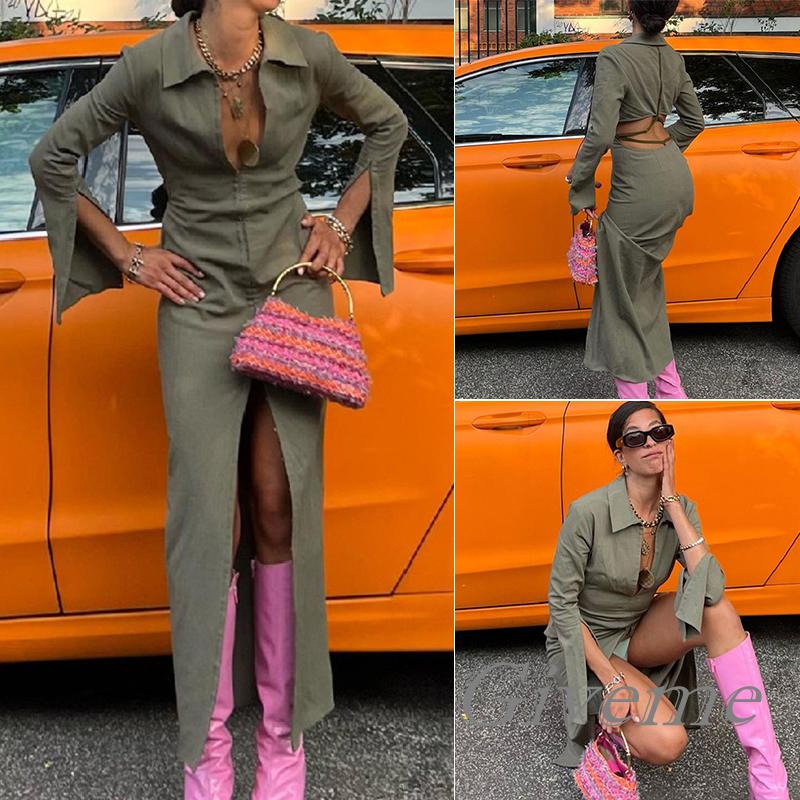 Đầm ôm Dài Tay Cổ Chữ V Khoét Sâu Lưng Trần Quyến Rũ