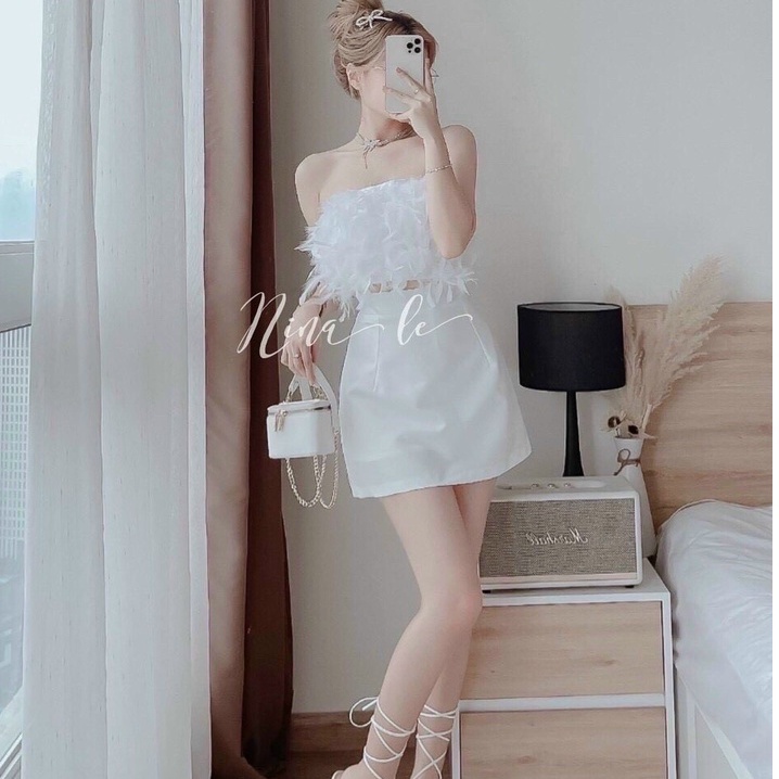 Sét áo ống lông vũ phối chân váy chữ A trơn cực xinh