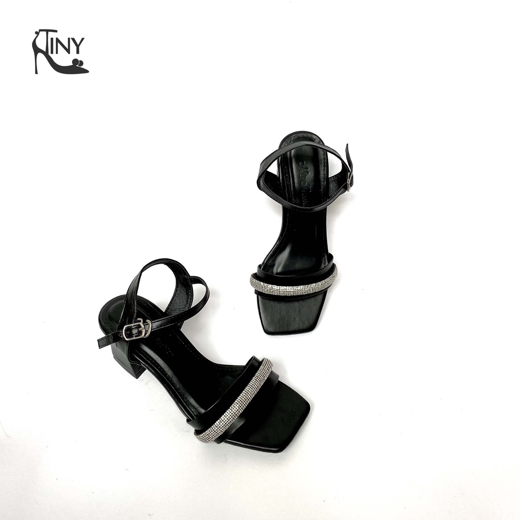 Guốc cao gót nữ kiểu Sandal mũi vuông quai ngang dây hột xoàn sanh chảnh, gót bọc 5 phân chính hãng - TiNy Shoes