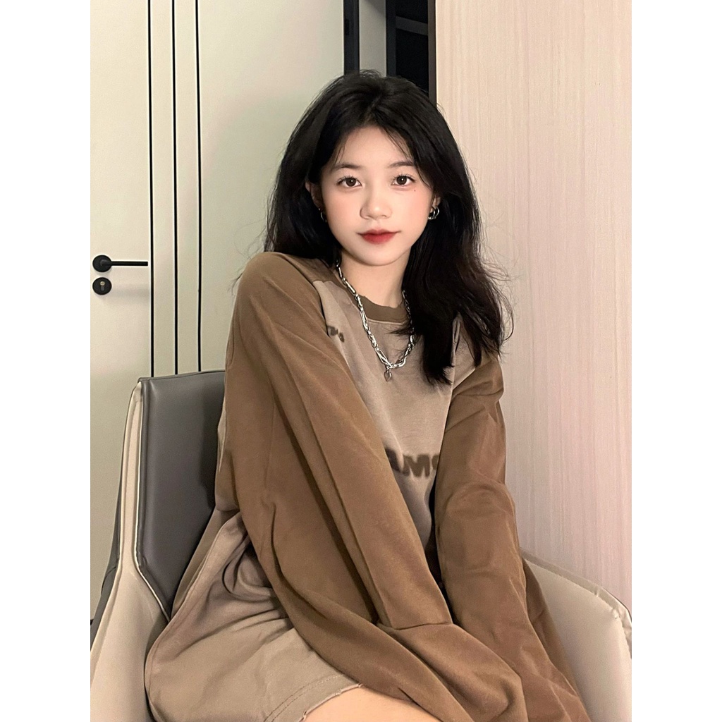 Áo Thun Tay Dài Dáng Rộng In Chữ Màu Sắc Tương Phản Phong Cách Vintage Dành Cho