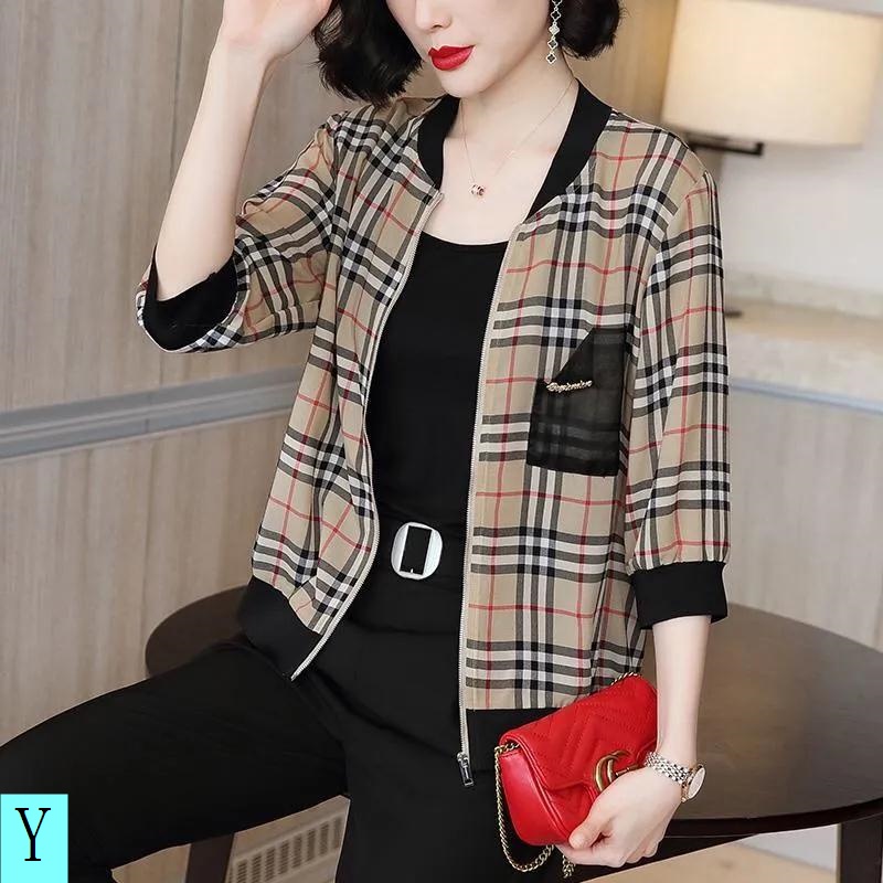 Áo Khoác Bóng Chày Ngắn Dáng Rộng Tay Lửng Vải Voan Họa Tiết Kẻ Ô Thời Trang Xuân Hè Hàng Mới Dành Cho Bạn Nữ