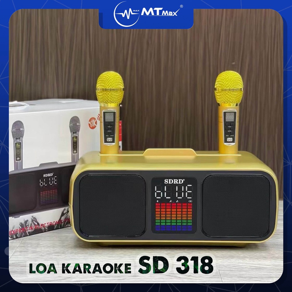 Loa karaoke bluetooth SD318 âm thanh hay nhỏ gọn phiên bản cao cấp. Tặng kèm 2 micro không dây có màn hình LCD