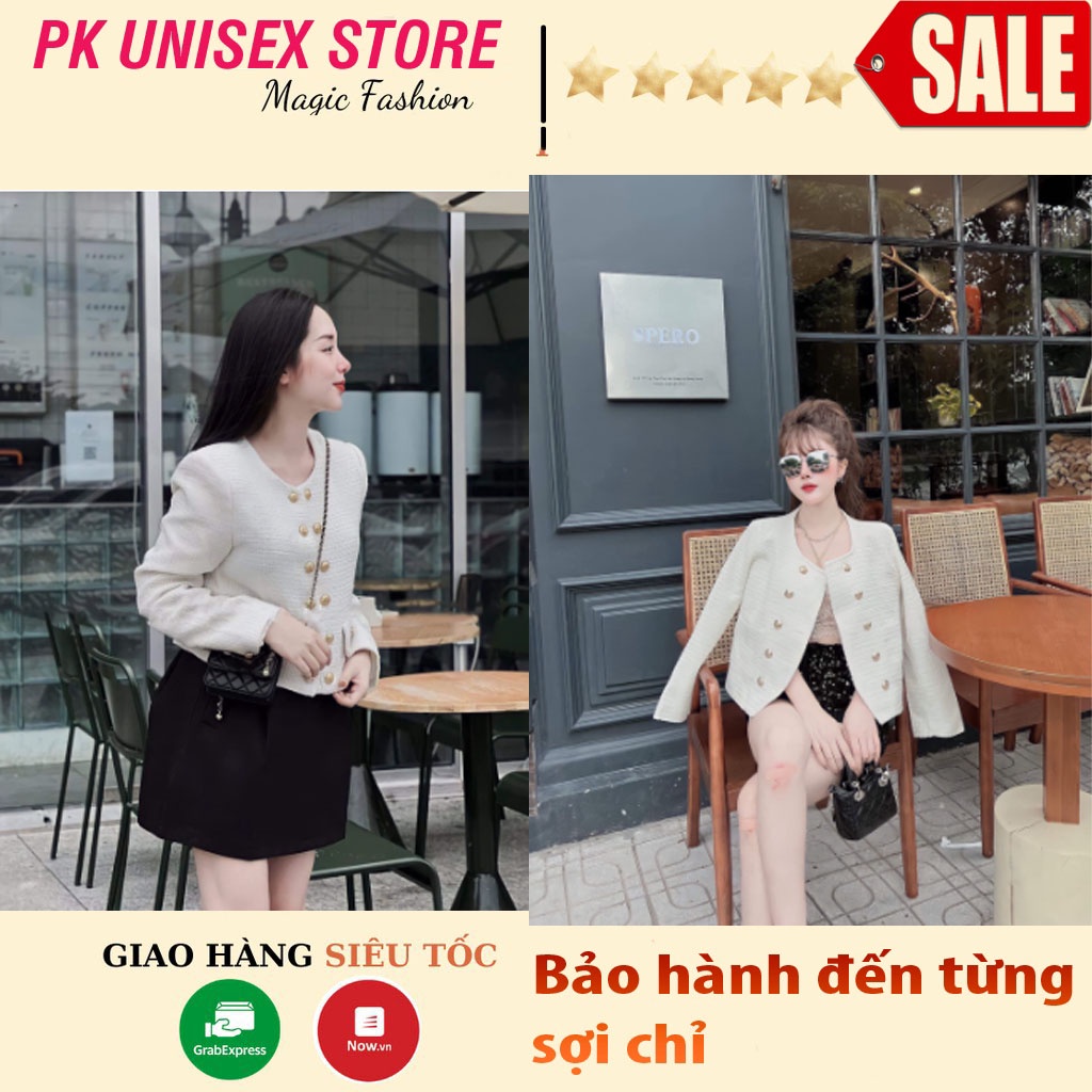 Áo Khoác Dạ Trắng Nữ Dáng Công Sở Dài Tay Cúc Vàng 2 Lớp PK