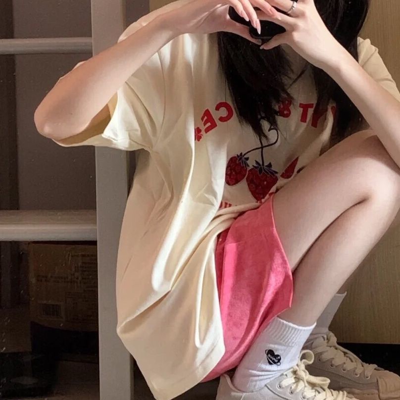 Áo Thun Tay Ngắn Dáng Rộng In Hình Dâu Tây Nhỏ Dễ Thương Thời Trang Mùa Hè Phong Cách Hồng Kông Cho Nữ