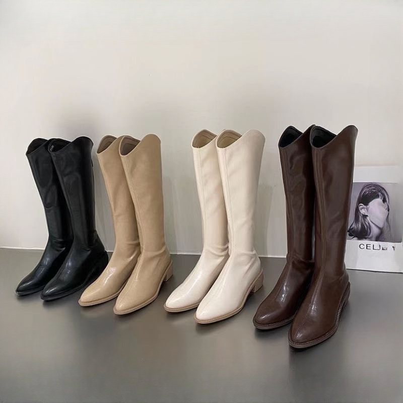 Giày bốt nữ mũi nhọn đơn màu đen Chelsea Cowboy Mid Boot dành cho nữ