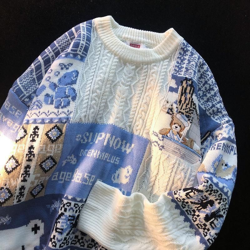 Áo len dài tay hai màu, hoạ tiết gấu giáng sinh