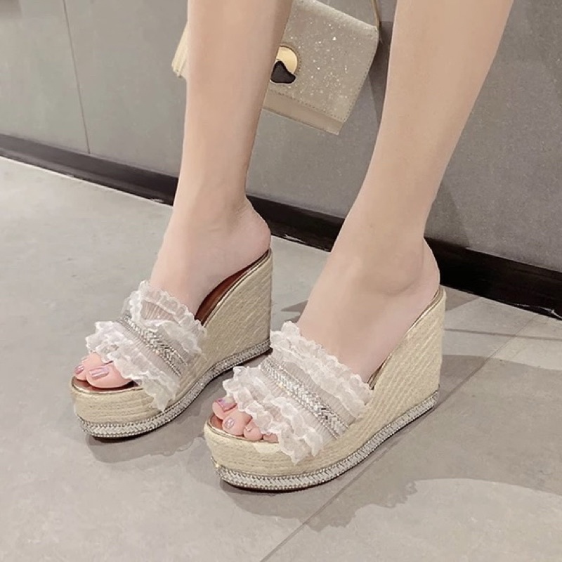 Dép đế xuồng cói viền đá đính nơ 11 cm, hàng cao cấp