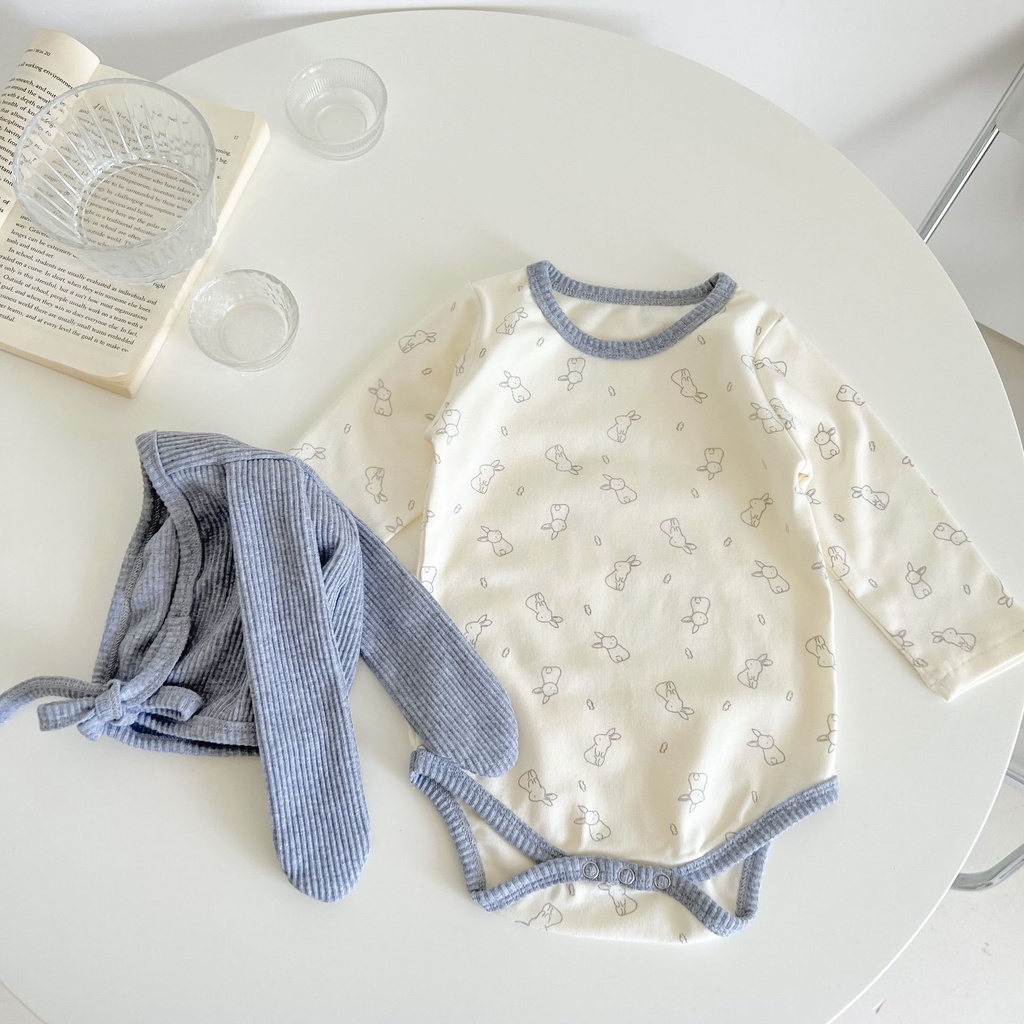 Áo Liền Quần Tam Giác Tay Dài Vải Cotton In Hình Thỏ Dễ Thương Thời Trang Mùa Thu Cho Bé