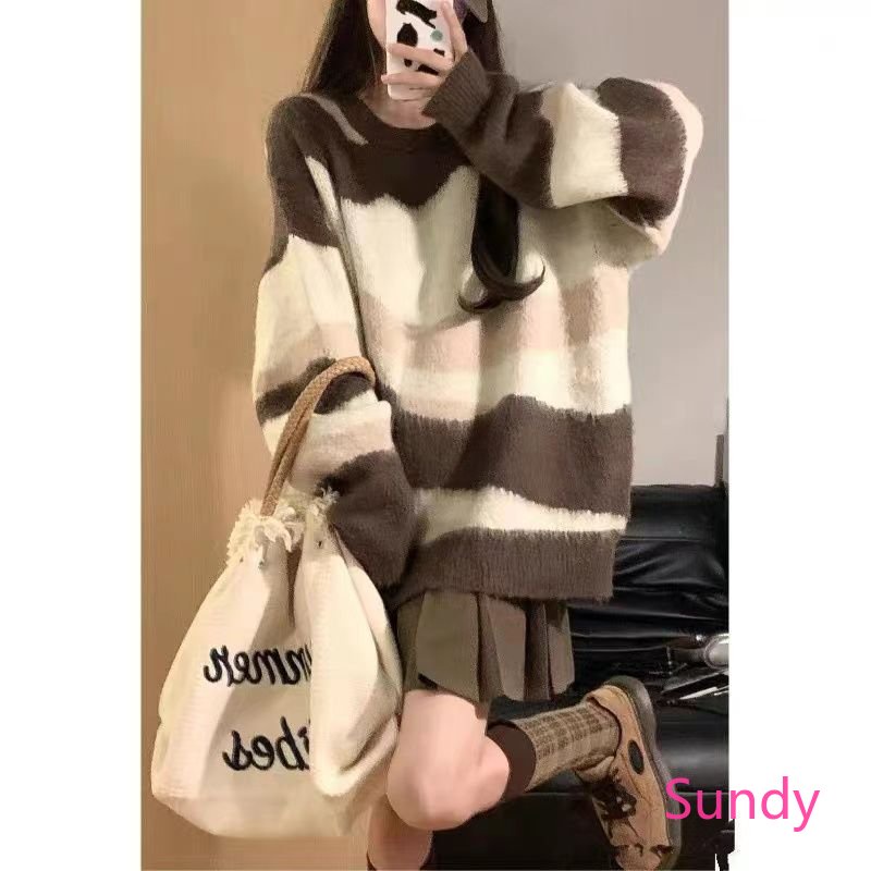 Áo Sweater Tay Dài Kẻ Sọc Màu Khối Thời Trang Thu Đông Cho Bé Gái