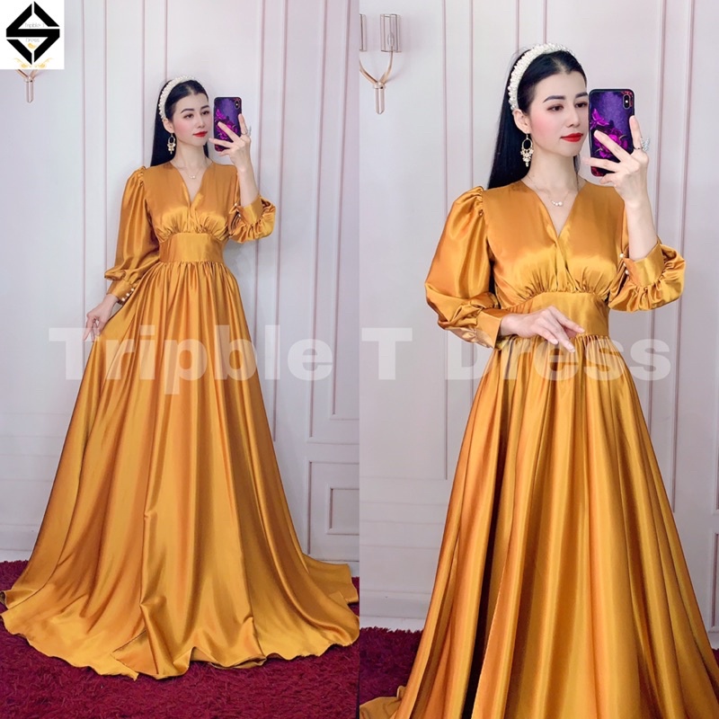 Đầm maxi dạ hội TRIPBLE T DRESS tay dài bo cổ tay xẻ đùi - size M/L - MS415V