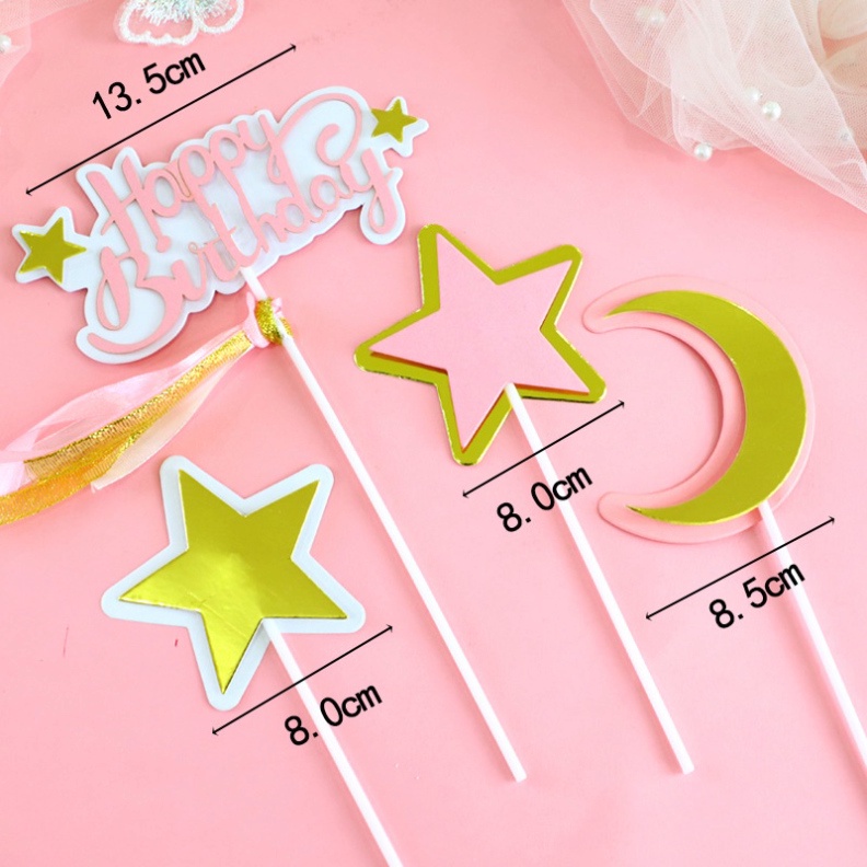 trang trí bánh [FREESHIP❤️] cắm trăng sao vàng 2 lớp vàng đẹp
