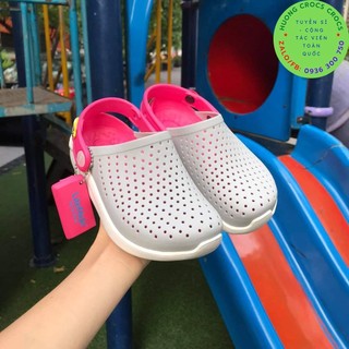 Dép sục crocs literide trẻ em màu xám hồng chuẩn xịn full box