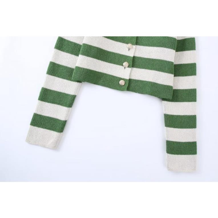 Made in Morocco - áo Zara len sọc ngang xanh rêu nút vàng đồng YO55