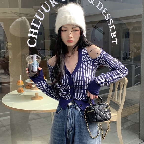 Áo cardigan ZHELIHANGFEI vải dệt kim cổ chữ V trễ vai quyến rũ thời trang